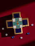Broche croix catholique vintage dorée émail bleu religieux ancien