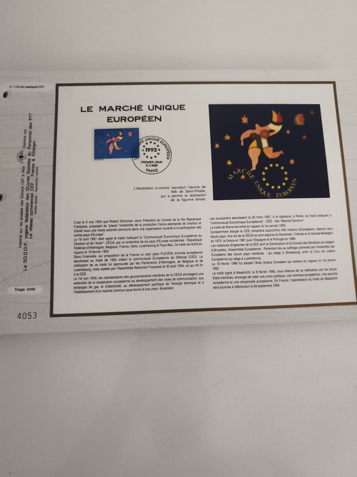 Feuillet CEF LE MARCHÉ UNIQUE EUROPÉEN 1992 Premier Jour Paris philatélie