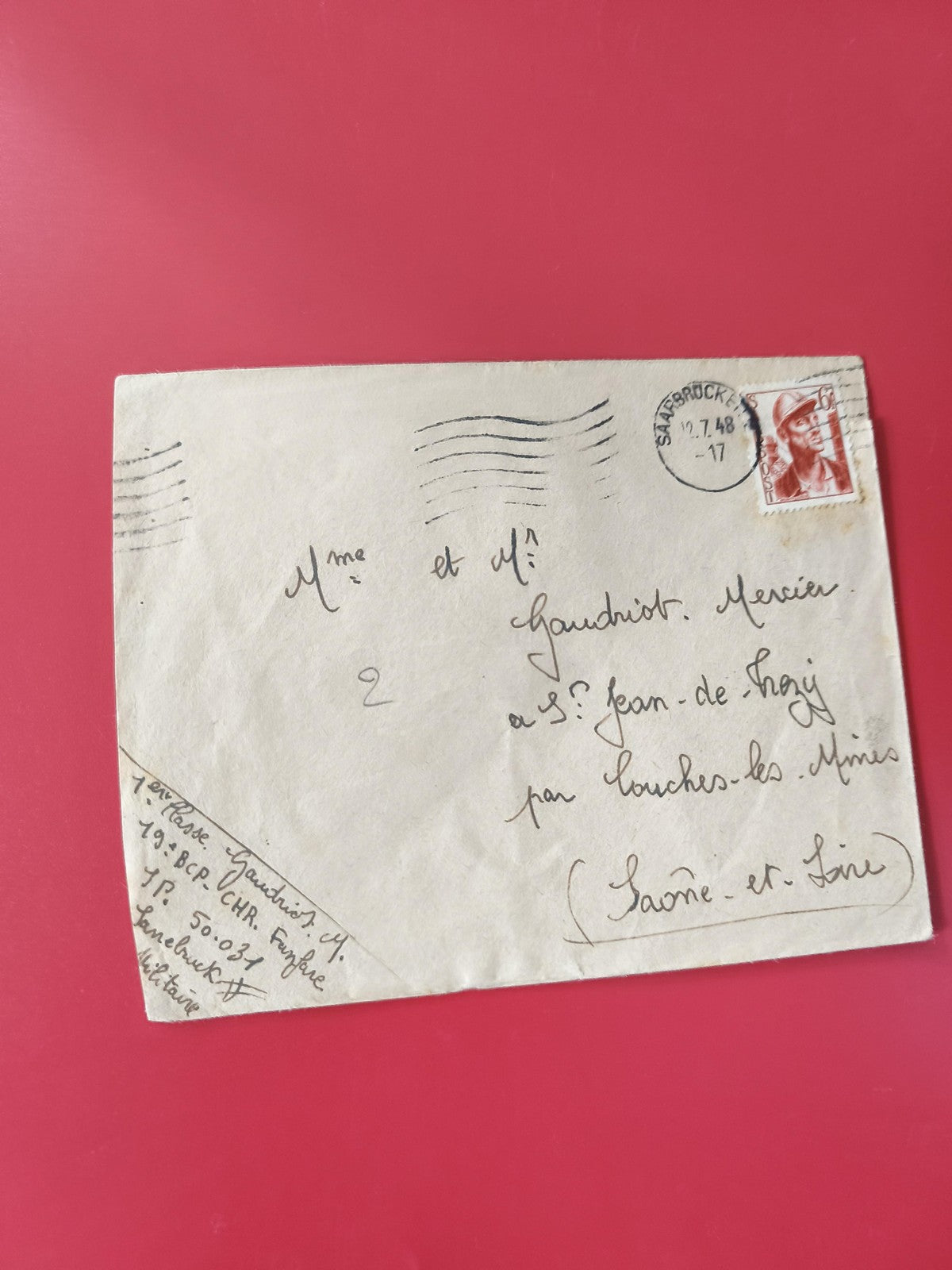 Enveloppe philatélie affranchie timbre rouge oblitérée Saarbrücken 1948