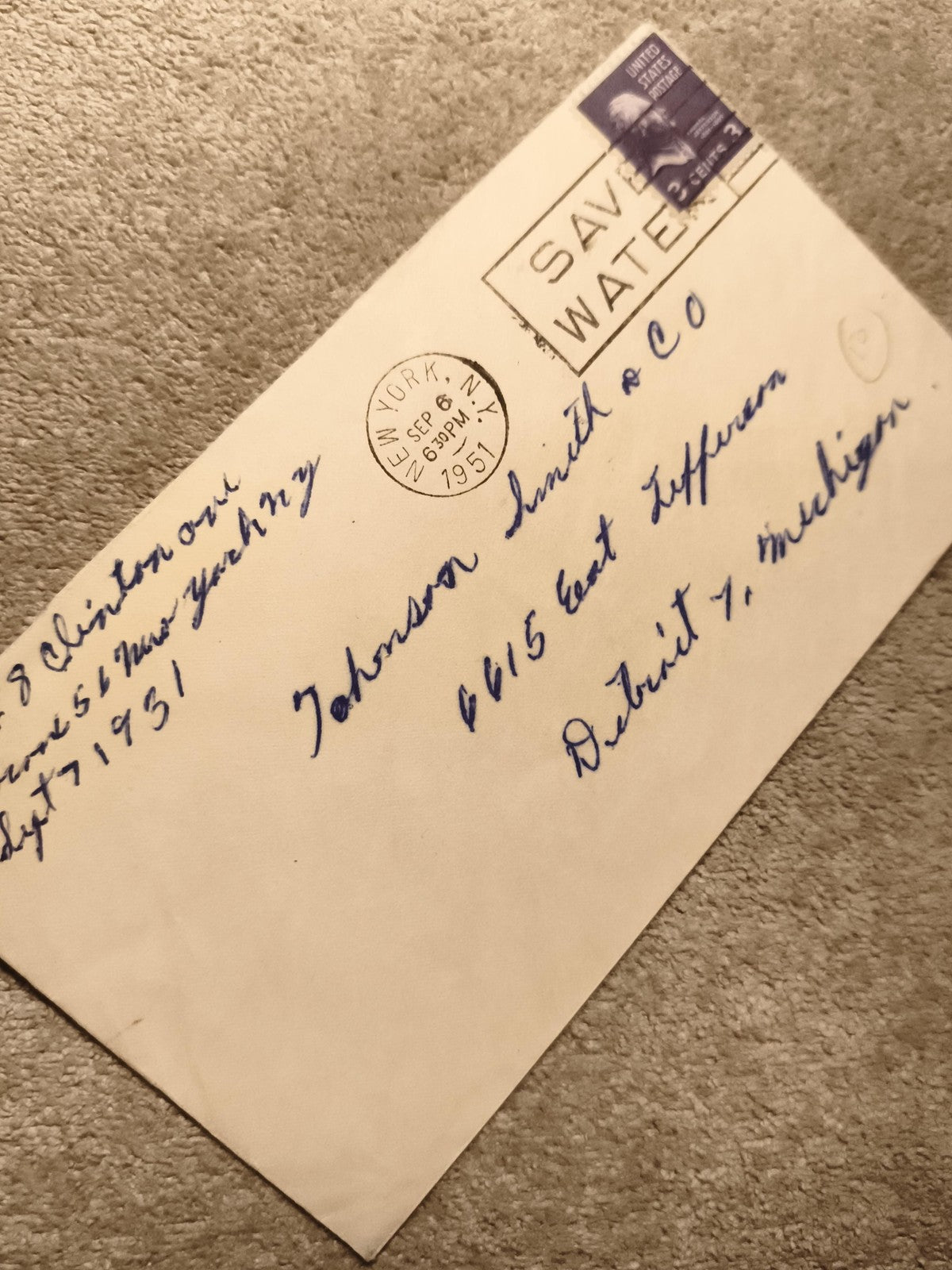 Lettre oblitérée USA 1951 timbre 2 cents Washington philatélie déco postal (Ref