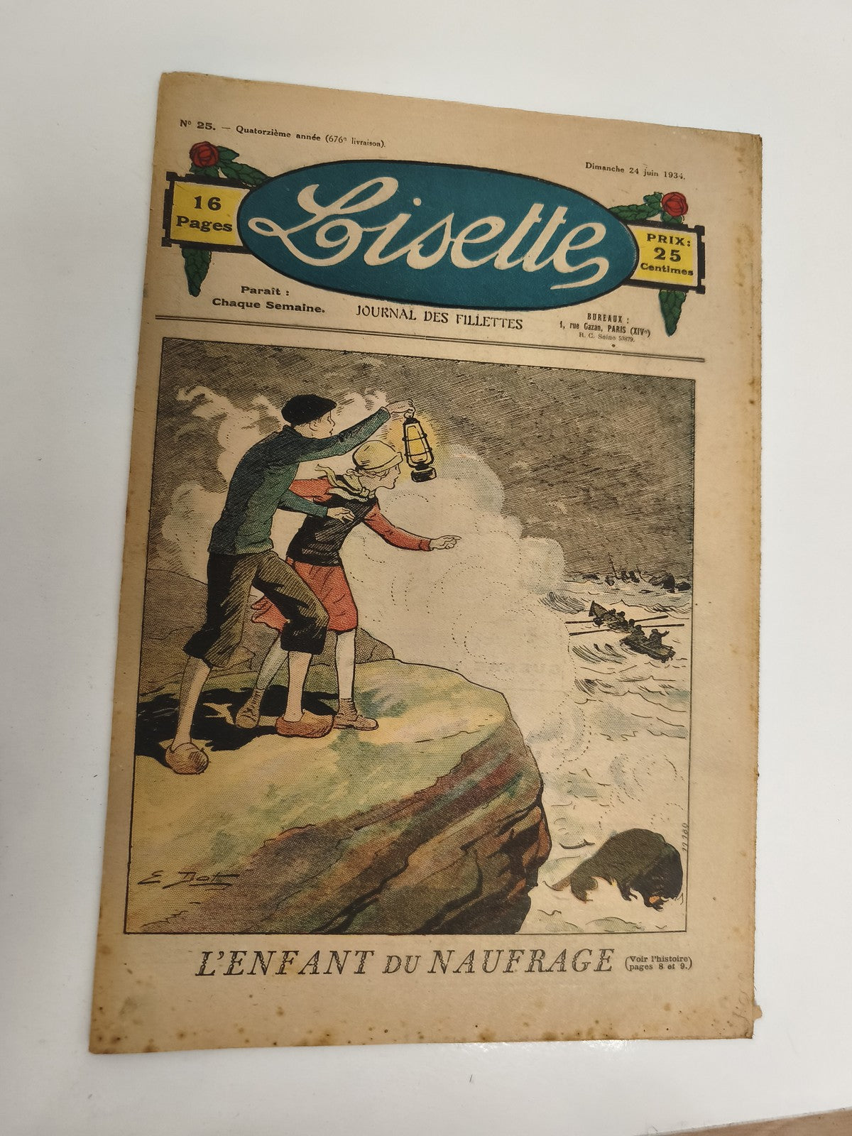 Ancien journal Lisette 1934 couverture illustrée L'Enfant du Naufrage vintage