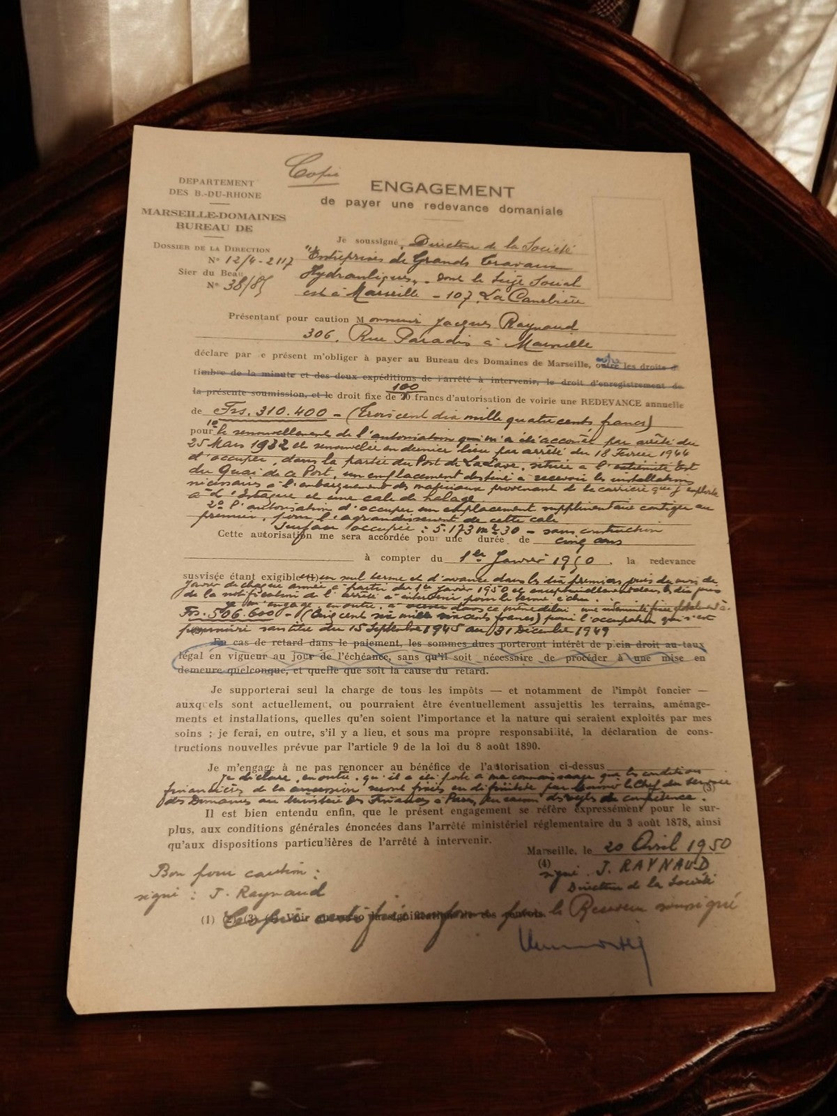 Document administratif ancien Marseille 1950 redevance domaniale vintage