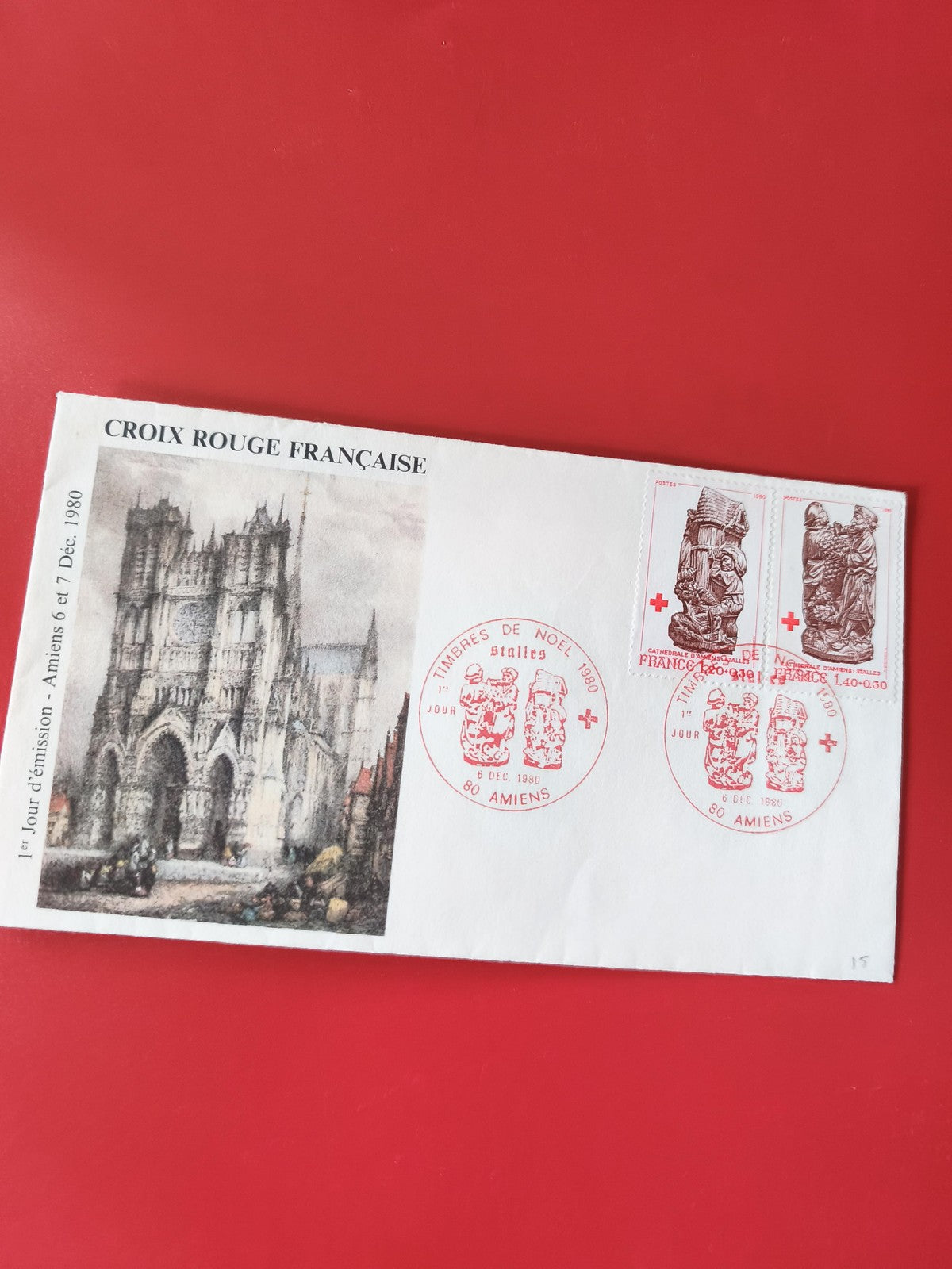 Enveloppe philatélie Croix Rouge Française Amiens 1980 timbres Noël illustrée