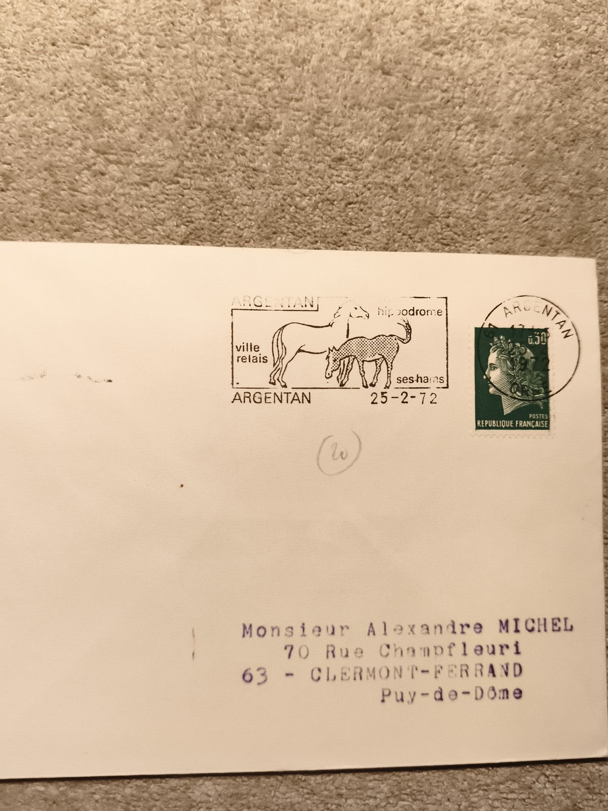 Lettre oblitérée Argentan 1972 Marianne verte cachet hippodrome chevaux philatél