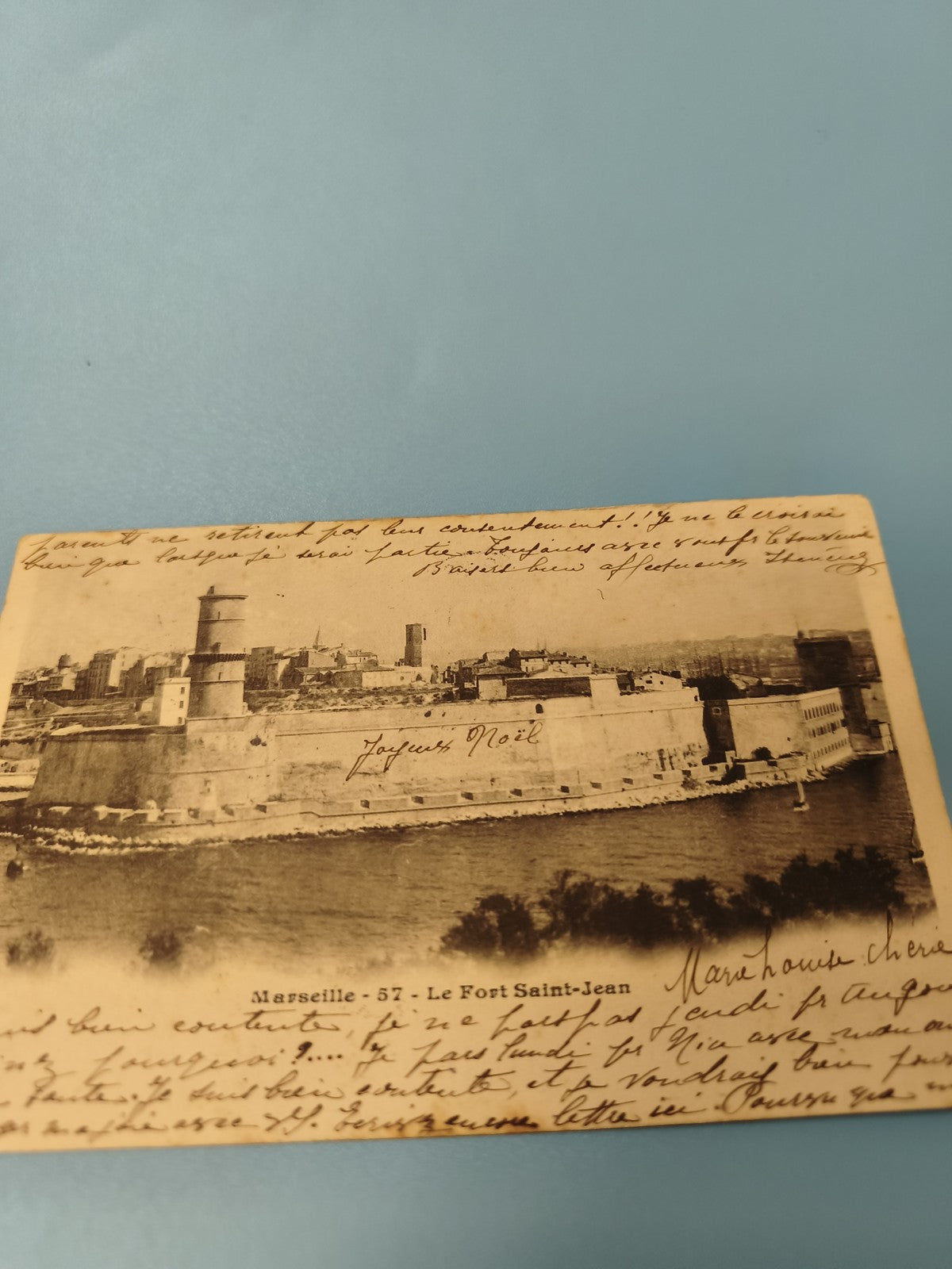 Carte postale ancienne Marseille Fort Saint-Jean écrite, photo noir et blanc