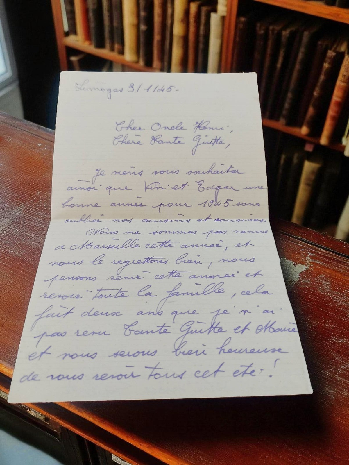 Lettre manuscrite ancienne 1945 Limoges WW2 correspondance écriture bleue