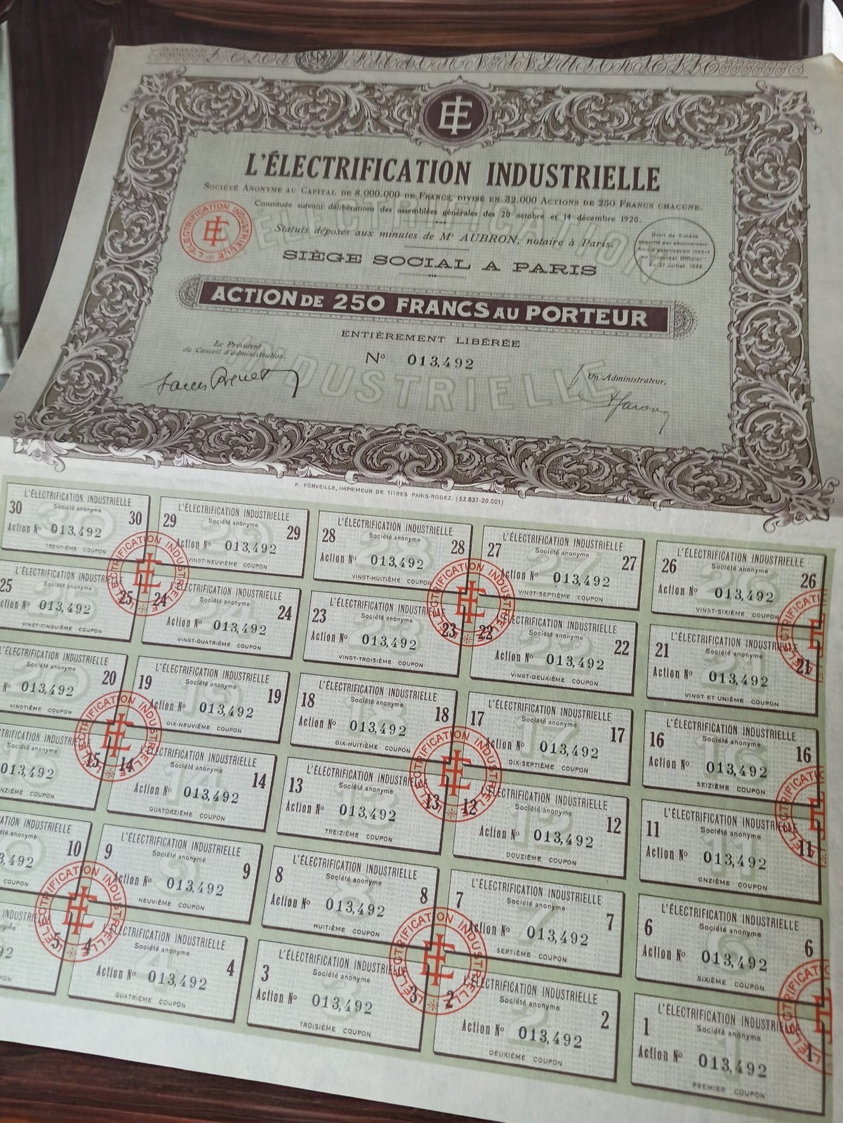 Action au porteur L'Électrification Industrielle Paris 1920 vintage document fin