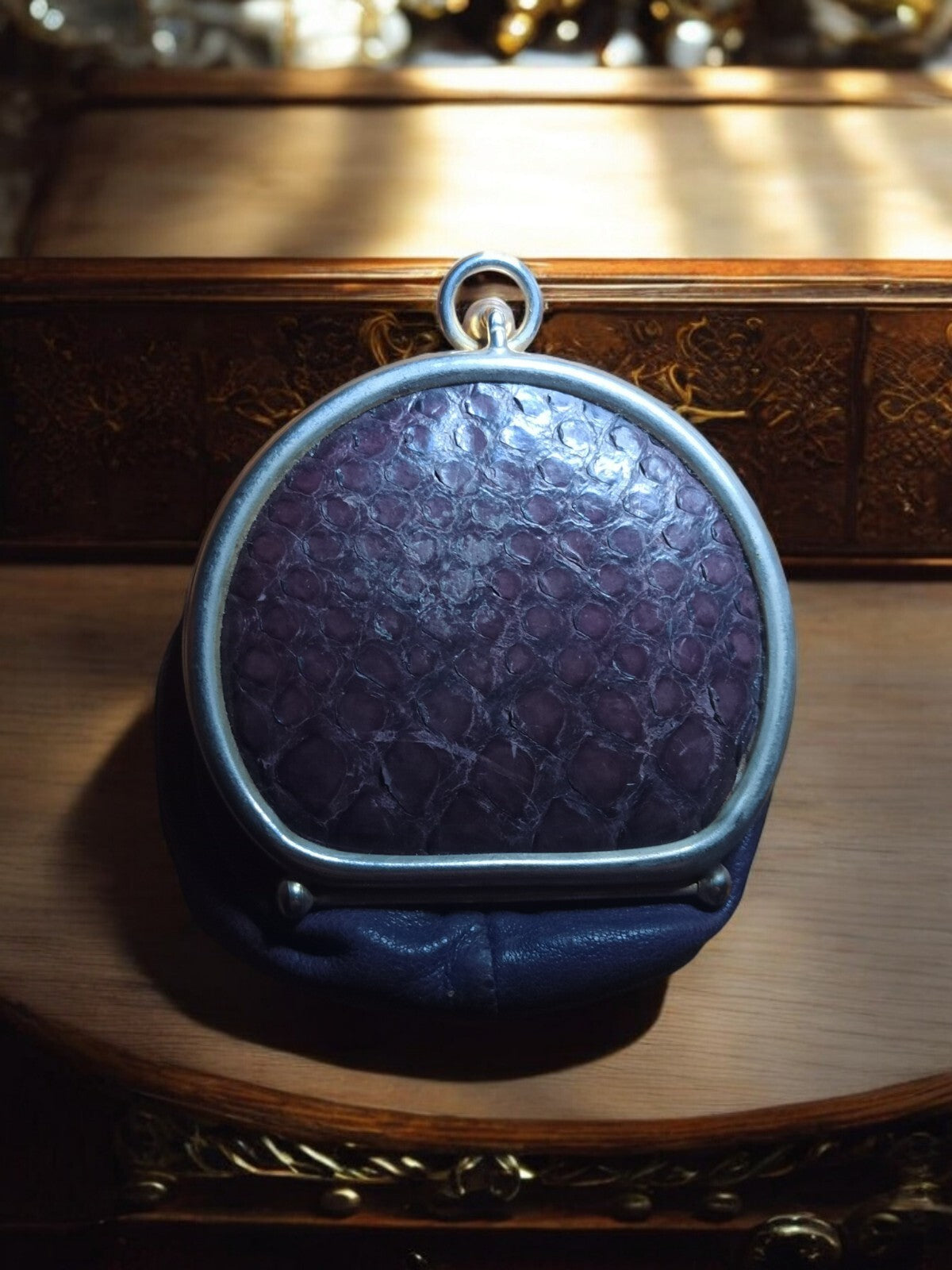 Porte-monnaie vintage années 1920, peau de serpent, monture métal argenté