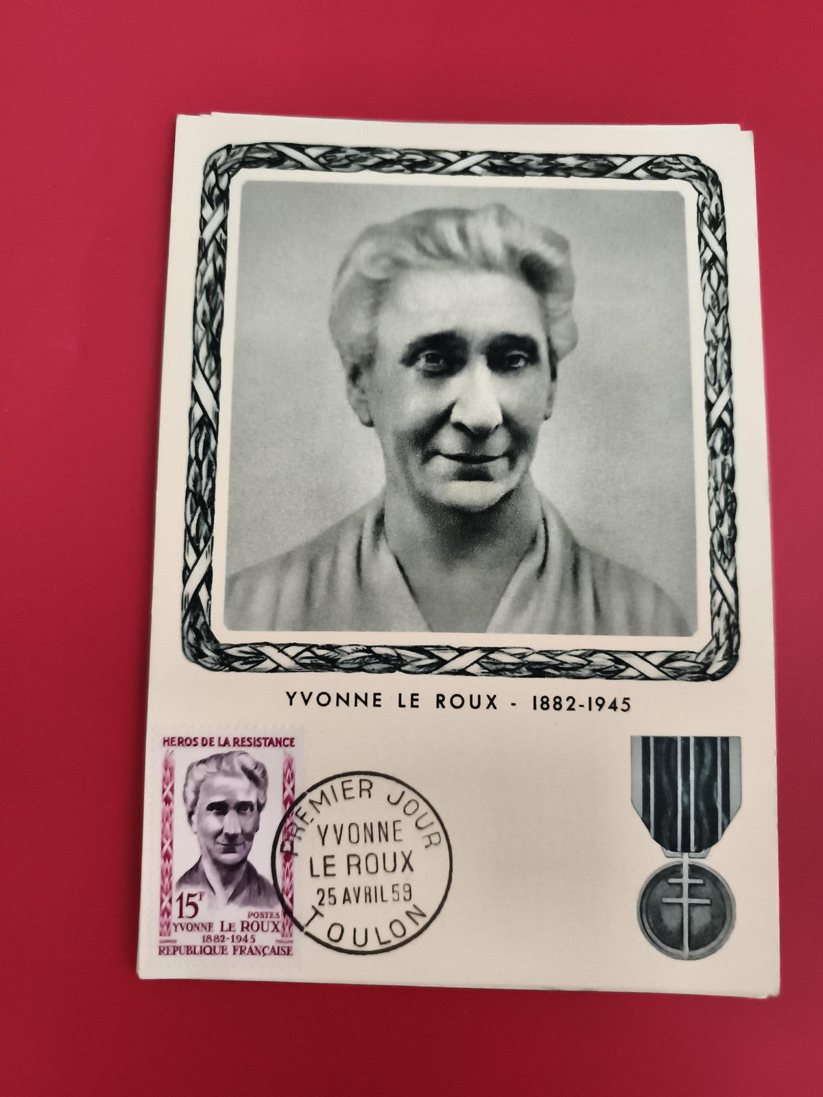 Lettre FDC Yvonne Le Roux 1959 Toulon Héros Résistance timbre 15c médaillon