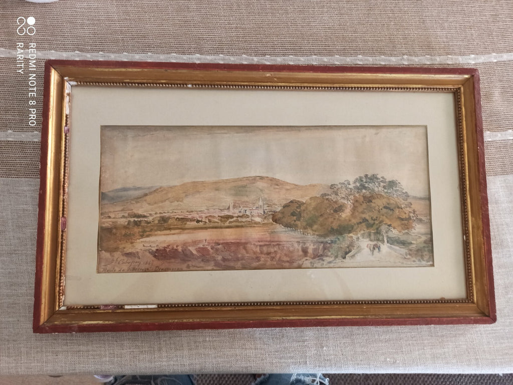 Tableau ancien paysage Villecroze Draguignan aquarelle signée cadre doré