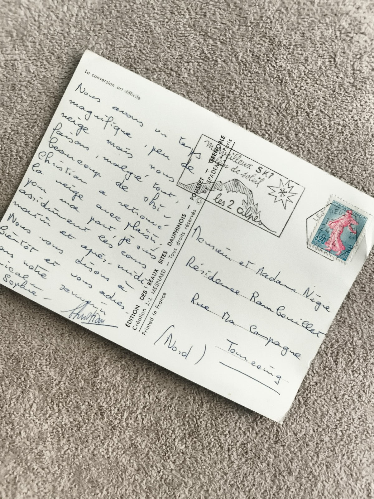 Carte postale écrite timbre Semeuse oblitéré Les Deux Alpes philatélie