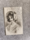 CPA illustrée 1901 jeune femme chapeau ruban écriture ancienne