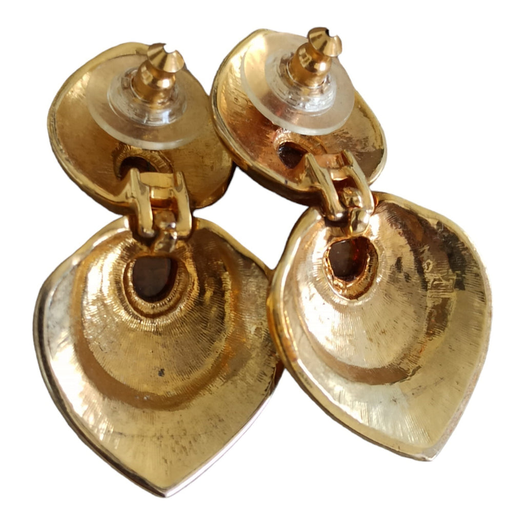 Boucles d’oreilles vintage dorées, style 70s, résine ambrée, clip fantaisie