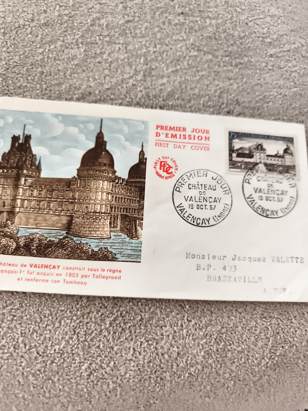 Lettre Premier Jour Château de Valençay 1957 FDC ancien philatélie France