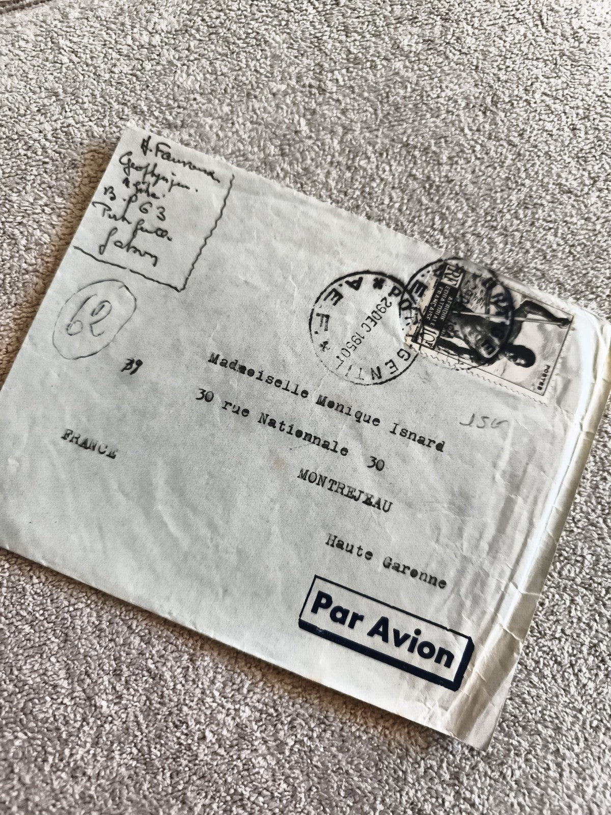 Lettre affranchie France 1959 Par Avion, timbre Marianne, cachet postal, philaté