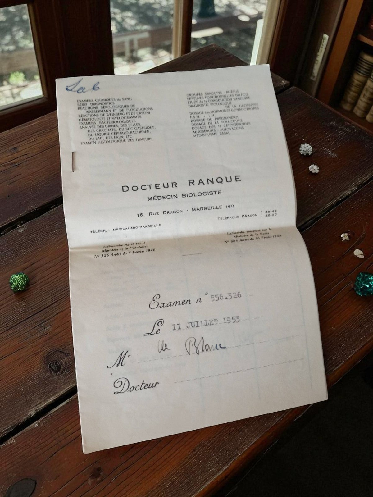 Vintage ordonnance médicale 1953 biologie France ancien document post WW2