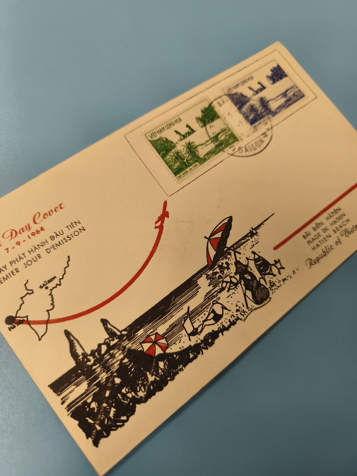 Ancienne enveloppe FDC Vietnam 1964 timbres illustrés plage Saigon collection