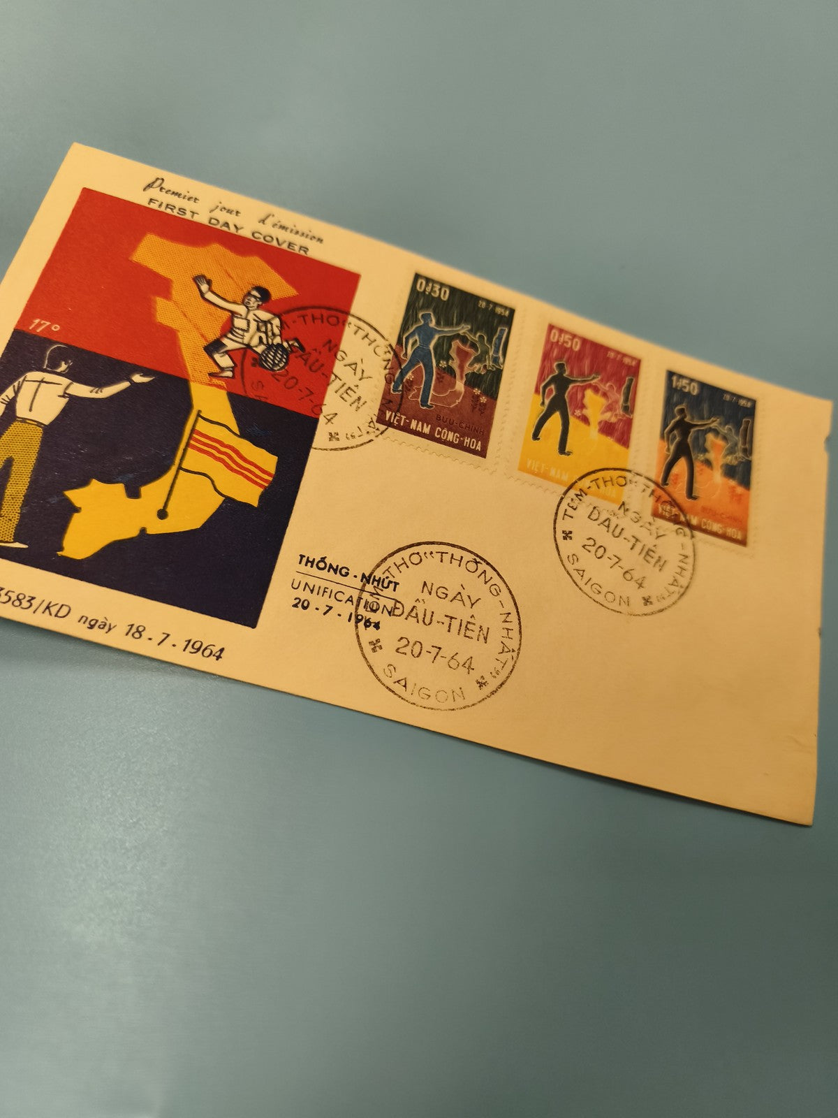 Ancienne enveloppe FDC Vietnam 1964 timbres Premier Jour illustrée Saigon