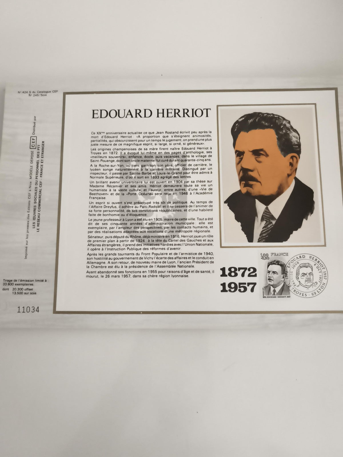Feuillet philatélique CEF Édouard Herriot timbre 100F France 1872-1957