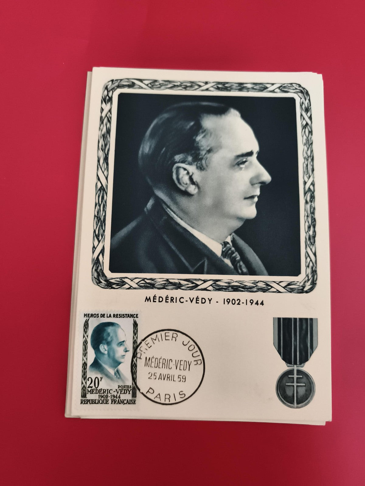 Carte Premier Jour Médéric-Védy 1959 Héros Résistance timbre 20F Paris FDC