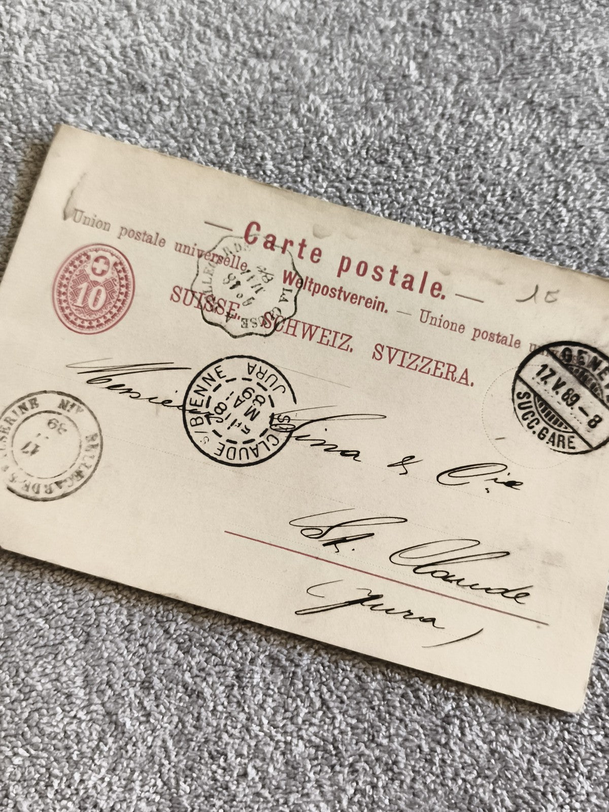 Carte postale Suisse 10c 1898 philatélie timbre oblitéré Saint-Claude