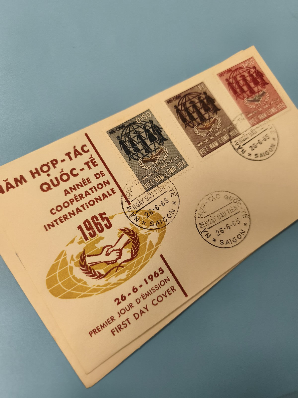 Enveloppe FDC ancienne Vietnam 1965 timbres coopération internationale Saigon