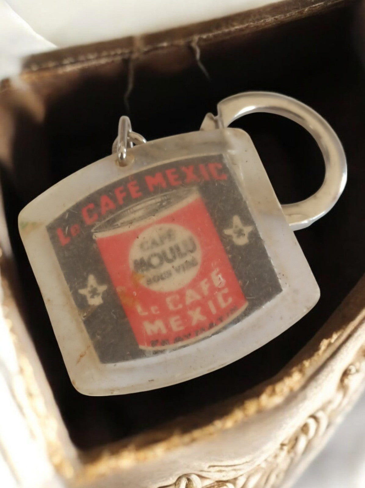 Porte-clés publicitaire vintage Café Mexic ancien, visuel boîte rouge rétro