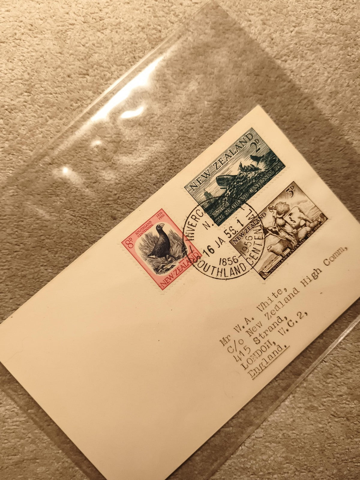 Lettre affranchie timbres Nouvelle-Zélande 1956, oblitération Southland, philaté