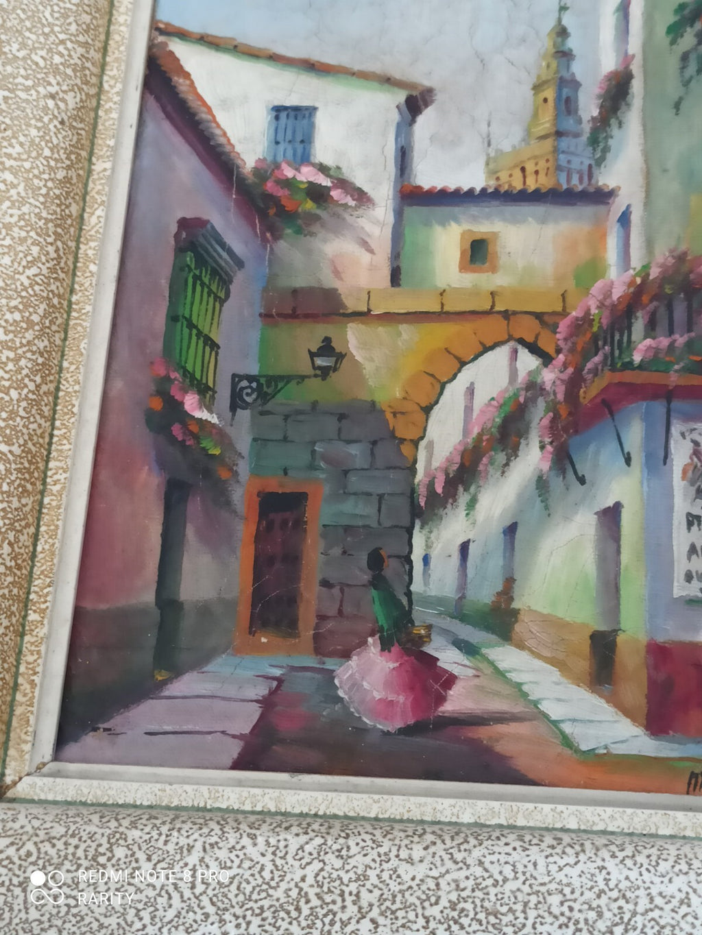 Tableau peinture scène de rue andalouse cadre doré 35x27cm Espagne mural