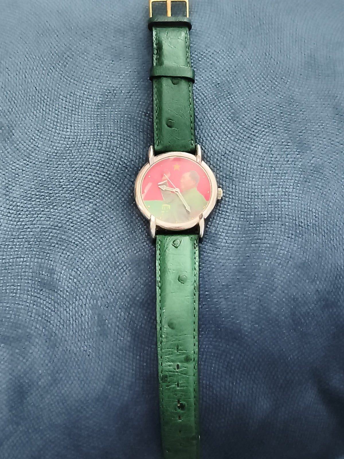 Montre mécanique Mao Zedong vintage, cadran rouge, bras mobile, bracelet vert