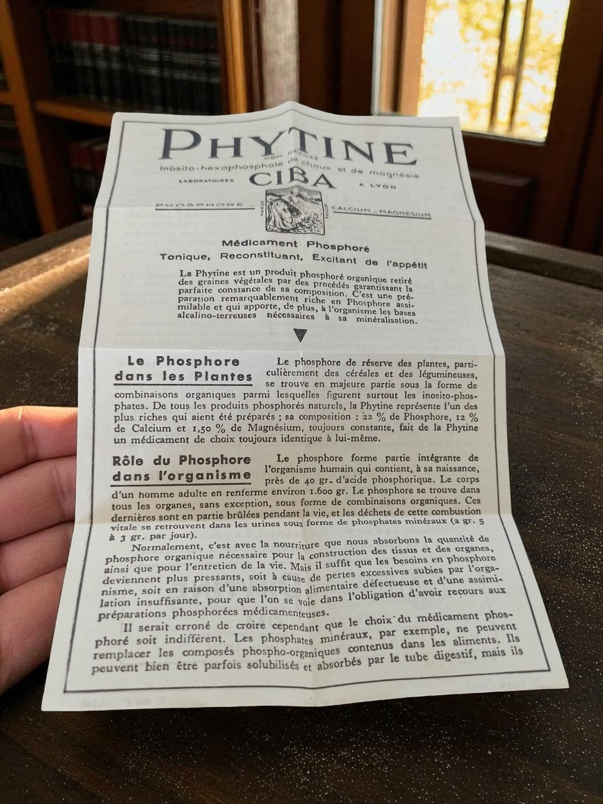 Prospectus ancien médicament Phytine Ciba Lyon, document pharmaceutique vintage