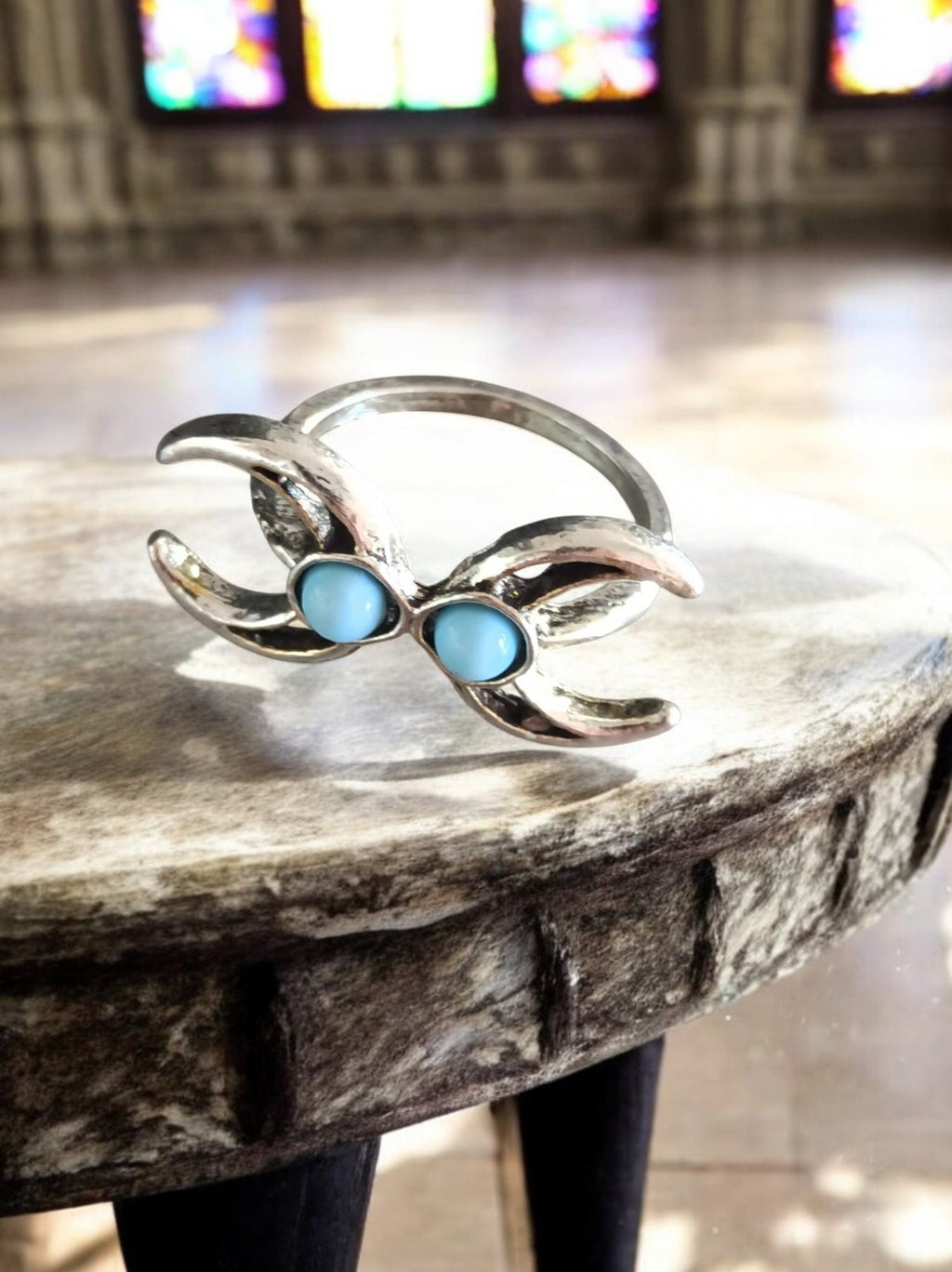 Bague vintage créateur double croissant bleu fantaisie taille 52