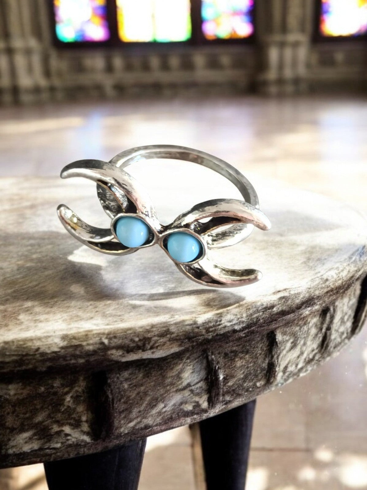 Bague vintage créateur double croissant bleu fantaisie taille 52