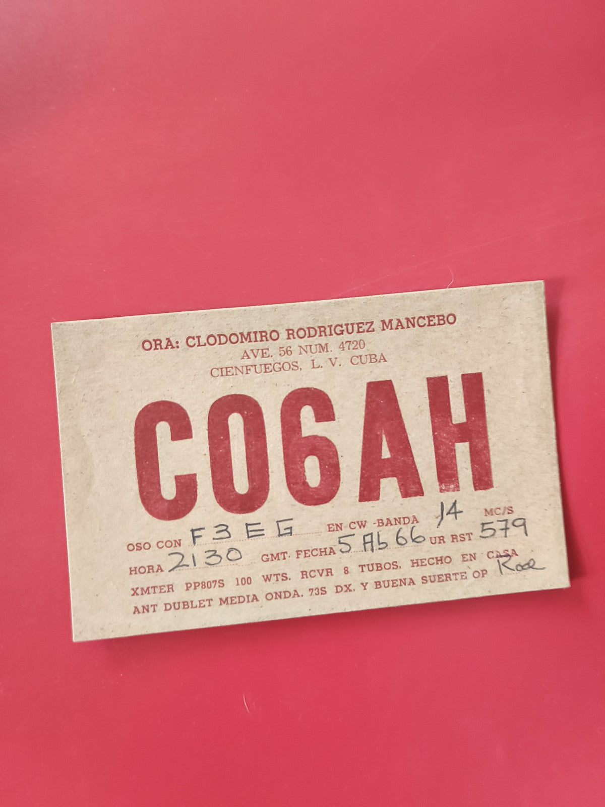 Carte radio QSL CO6AH Cuba communication radioamateur papier Cienfuegos