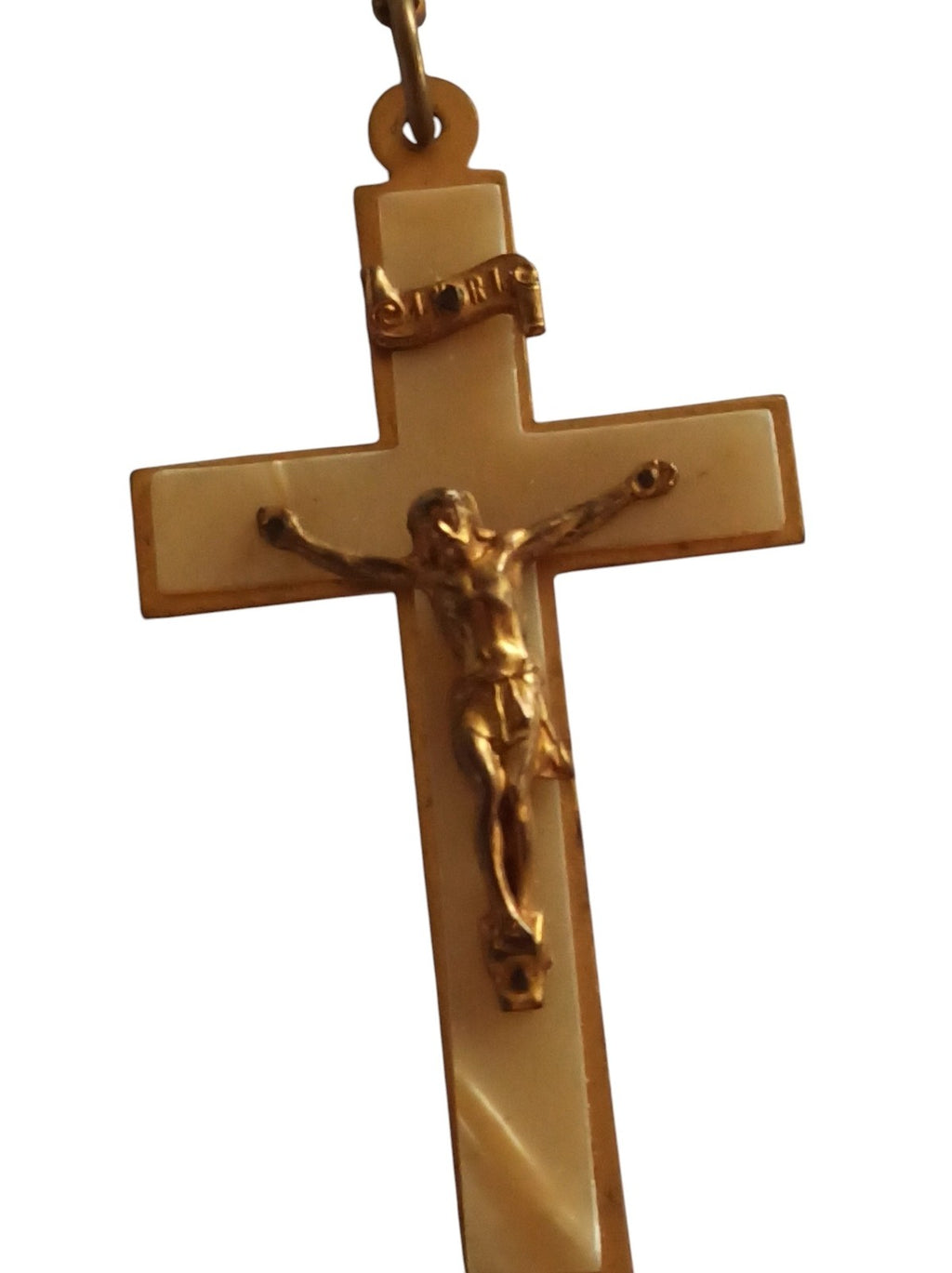 Chapelet ancien croix Christ nacre doré perles ovales religieux vintage