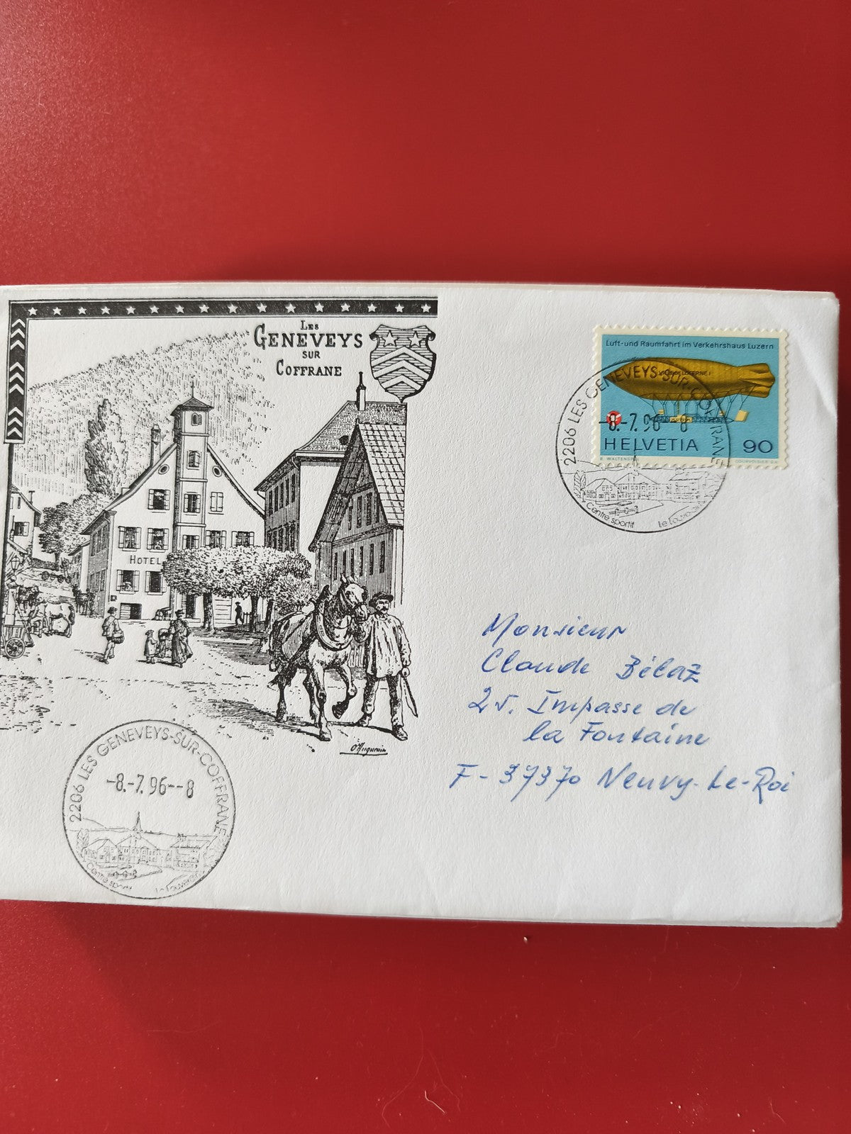 Enveloppe philatélie Les Geneveys-sur-Coffrane timbre Helvetia 90 illustrée