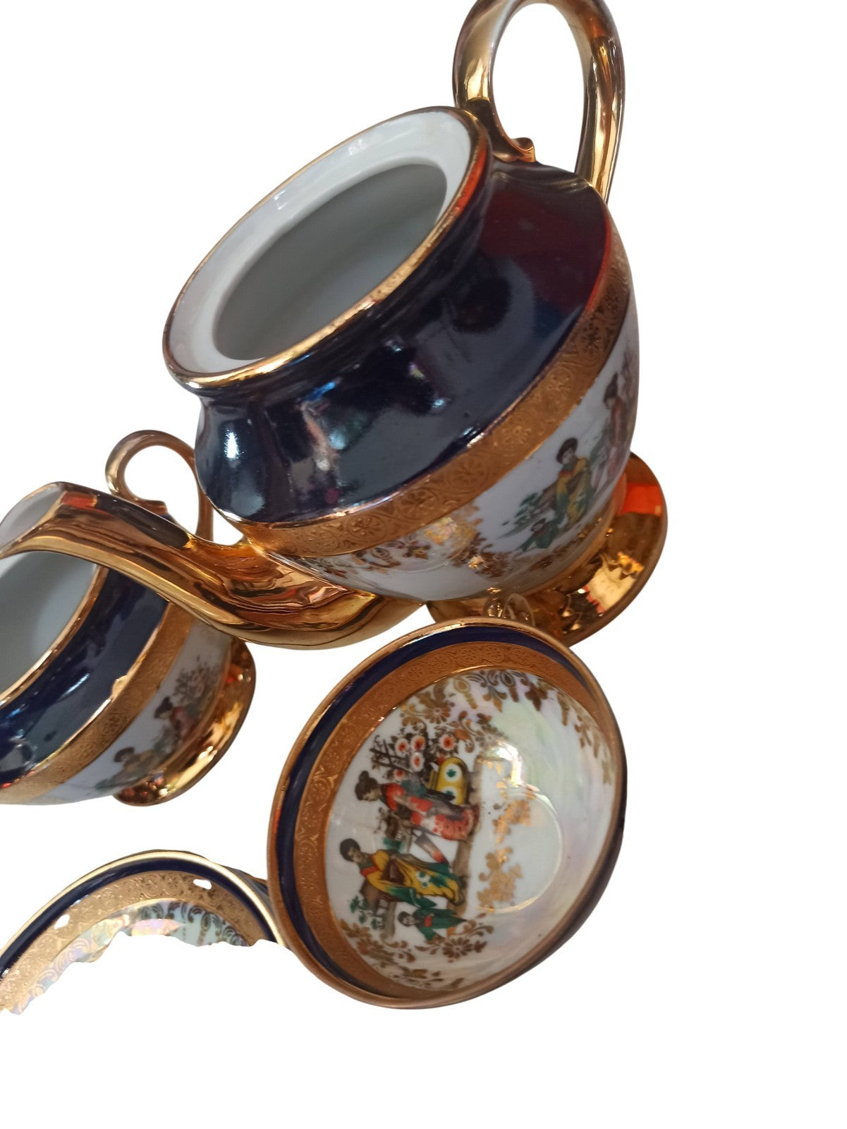 Service à thé ancien porcelaine japonaise vintage, dorures, scènes galantes comp