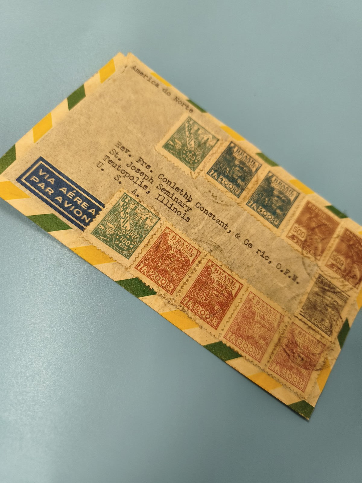 Ancienne enveloppe affranchie timbres Brésil oblitérés, avion, philatélie
