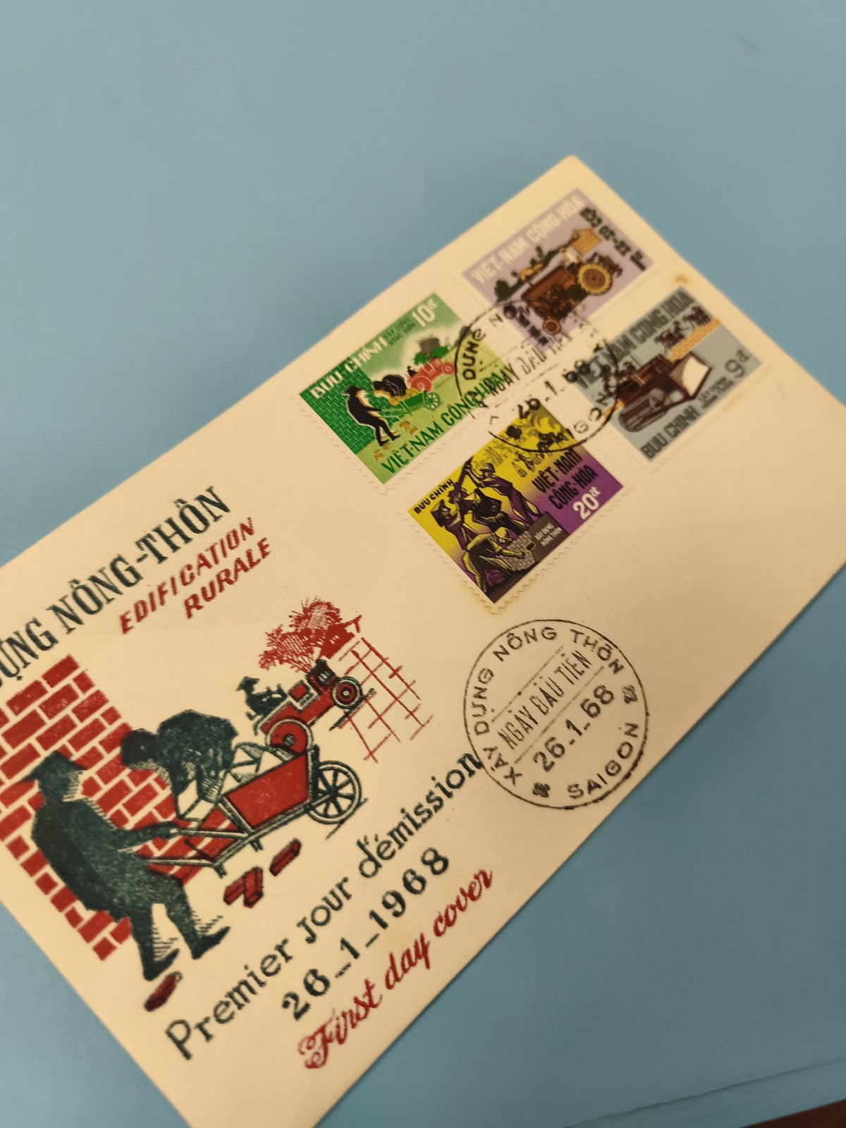 Ancienne enveloppe FDC Vietnam 1968 timbres ruraux illustrée premier jour