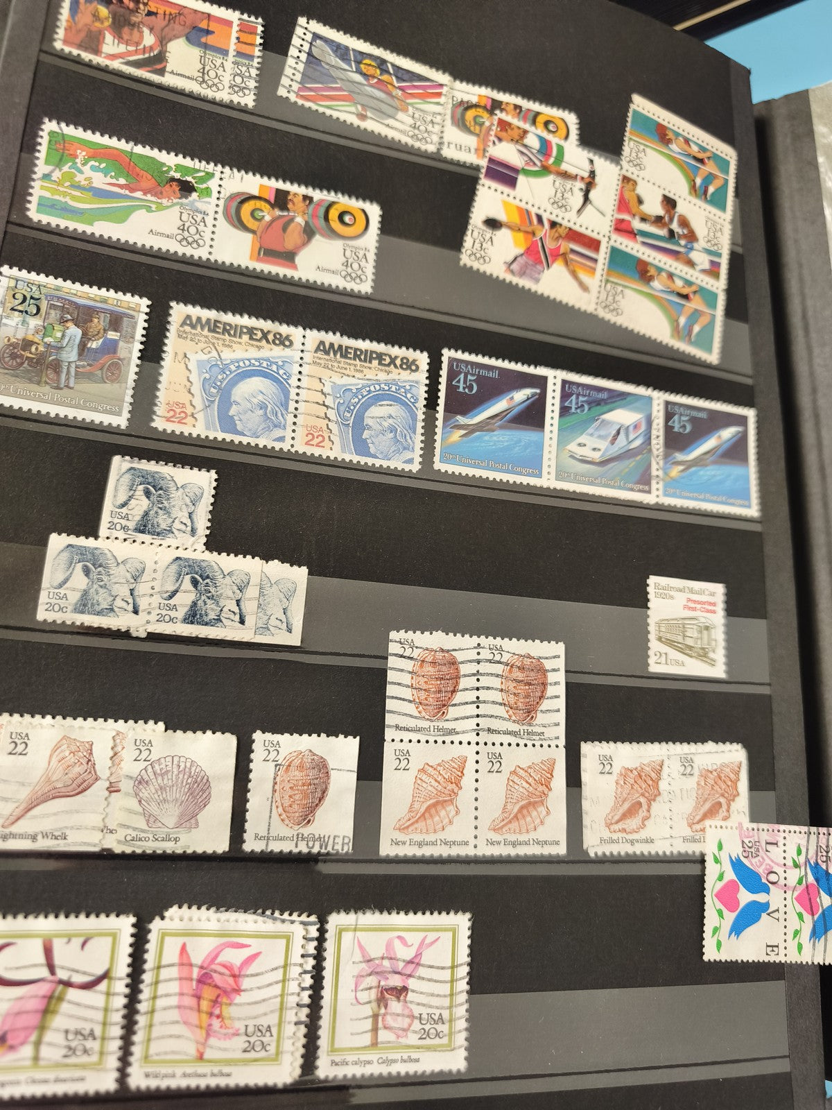 Lot anciens timbres USA oblitérés ? sports, faune, transport, années 80