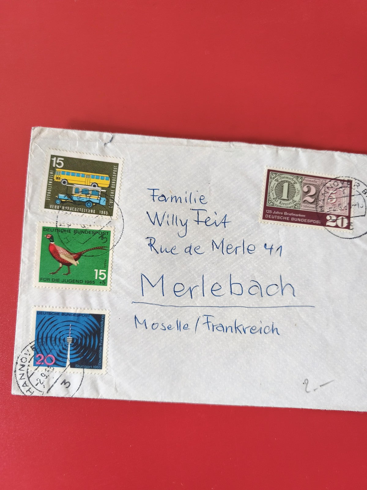 Enveloppe philatélie timbrée Allemagne Merlebach Moselle motifs bus oiseau