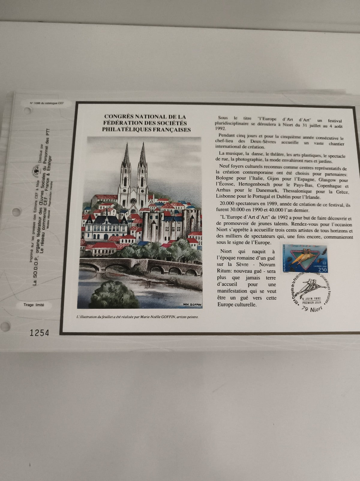 Feuillet CEF Congrès Philatélique Niort 1992, illustration cathédrale, tirage li