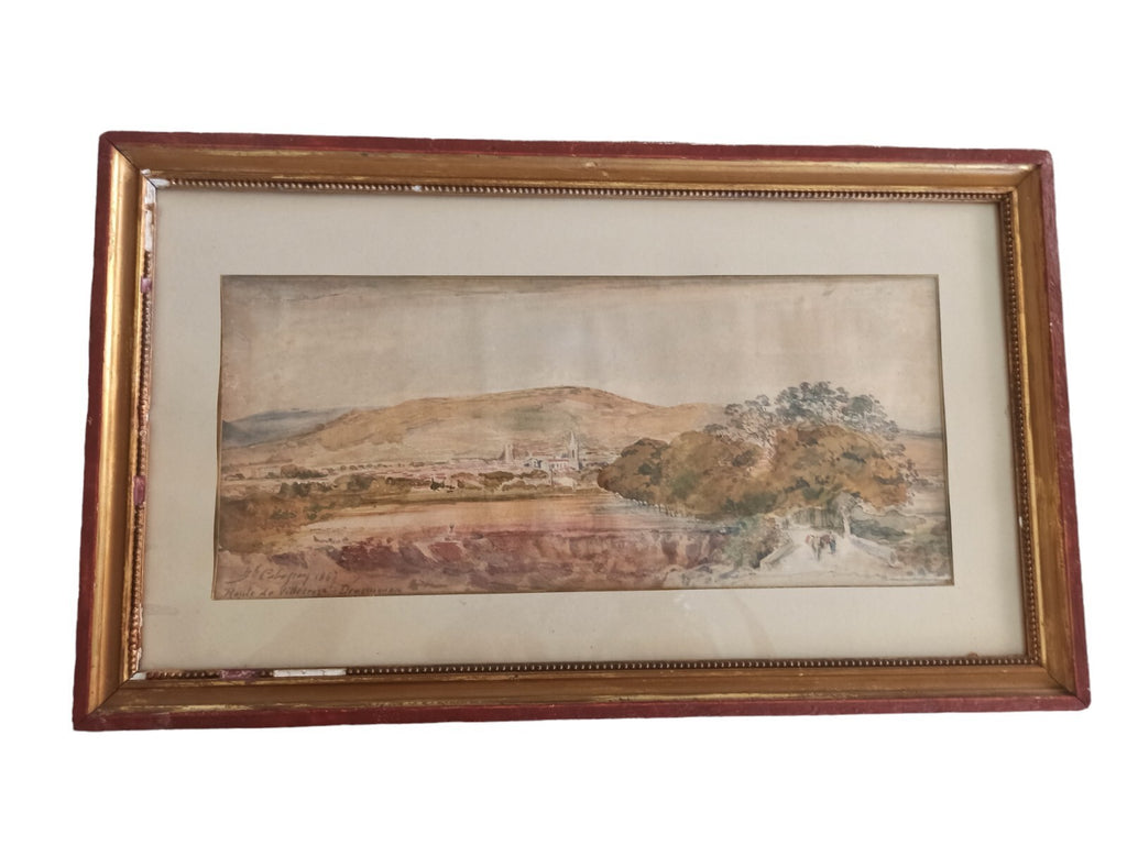Tableau ancien paysage Villecroze Draguignan aquarelle signée cadre doré
