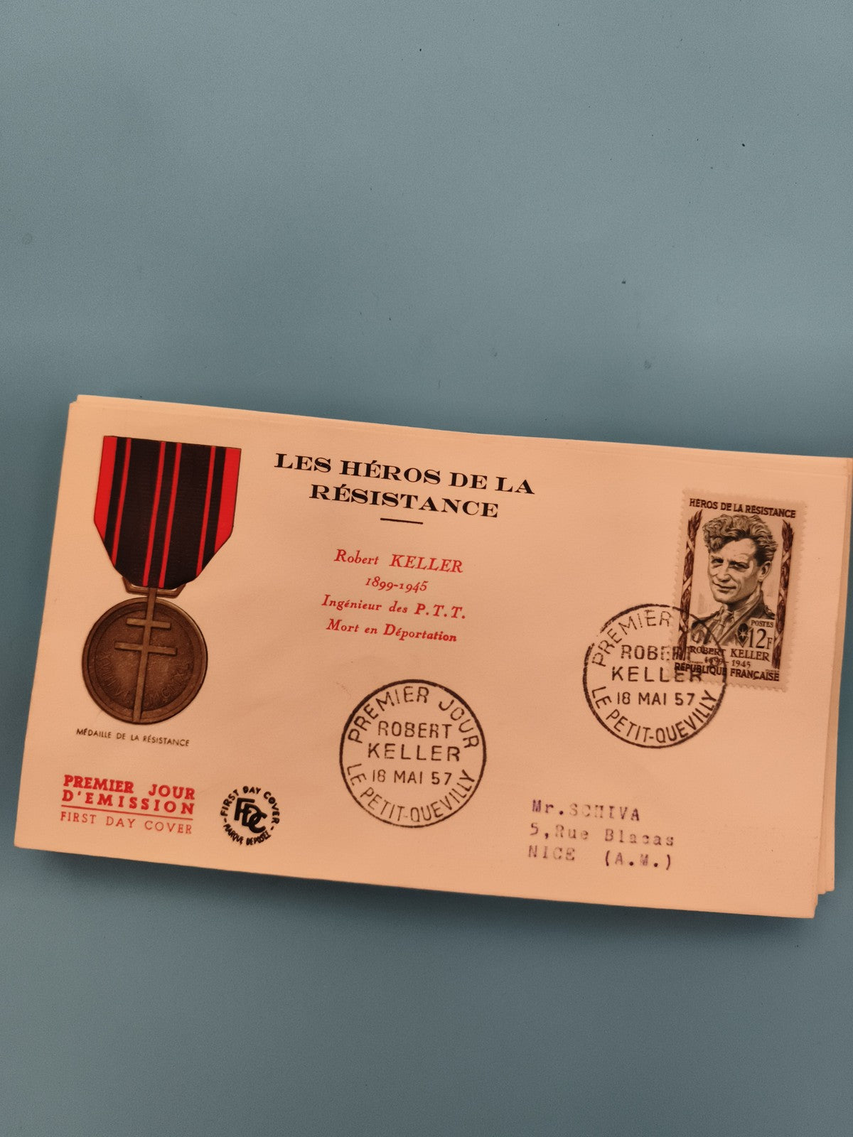 Enveloppe Premier Jour Héros de la Résistance Robert Keller 1957 philatélie