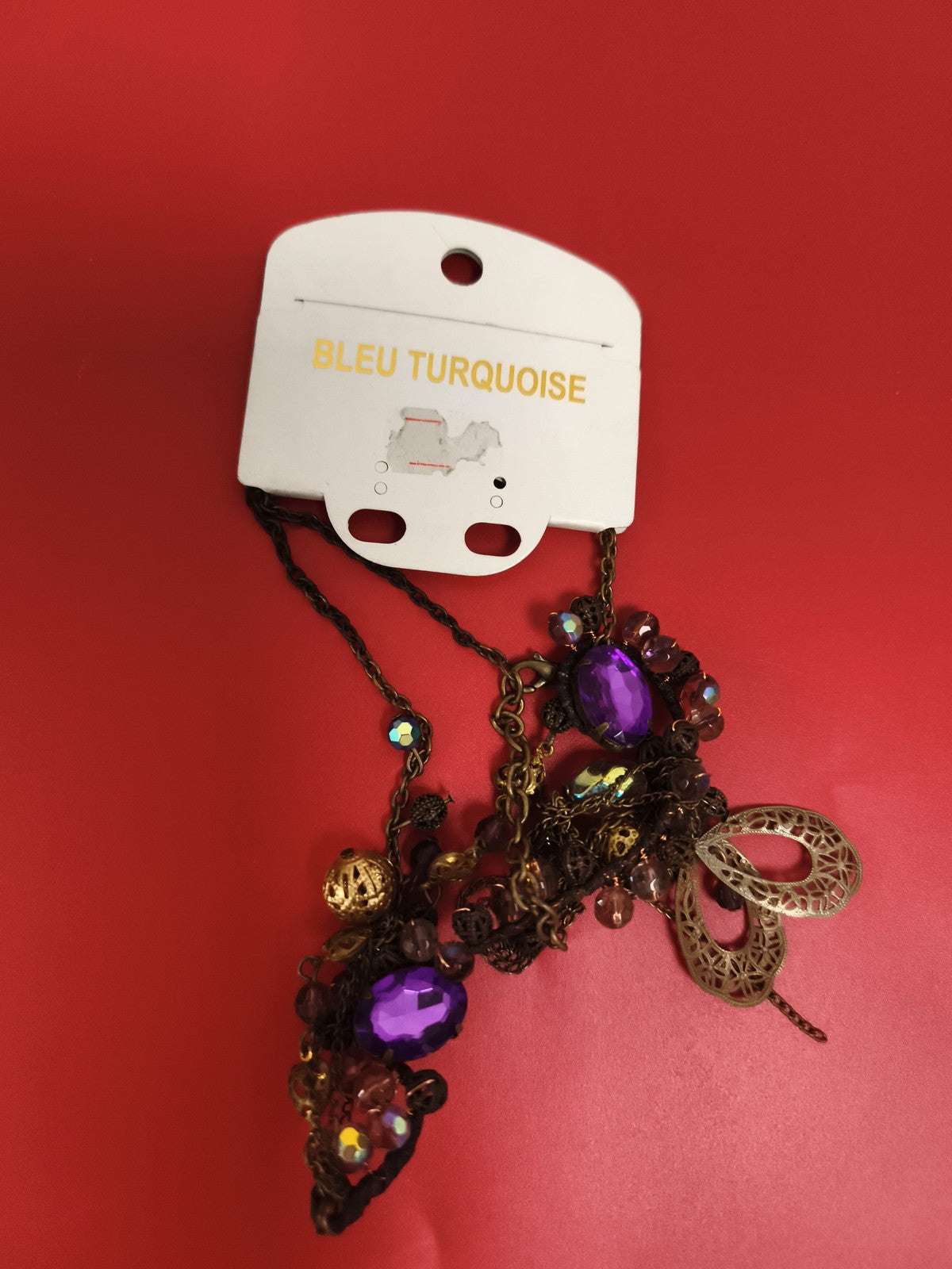 Collier fantaisie vintage Bleu Turquoise bronze perles violettes deadstock