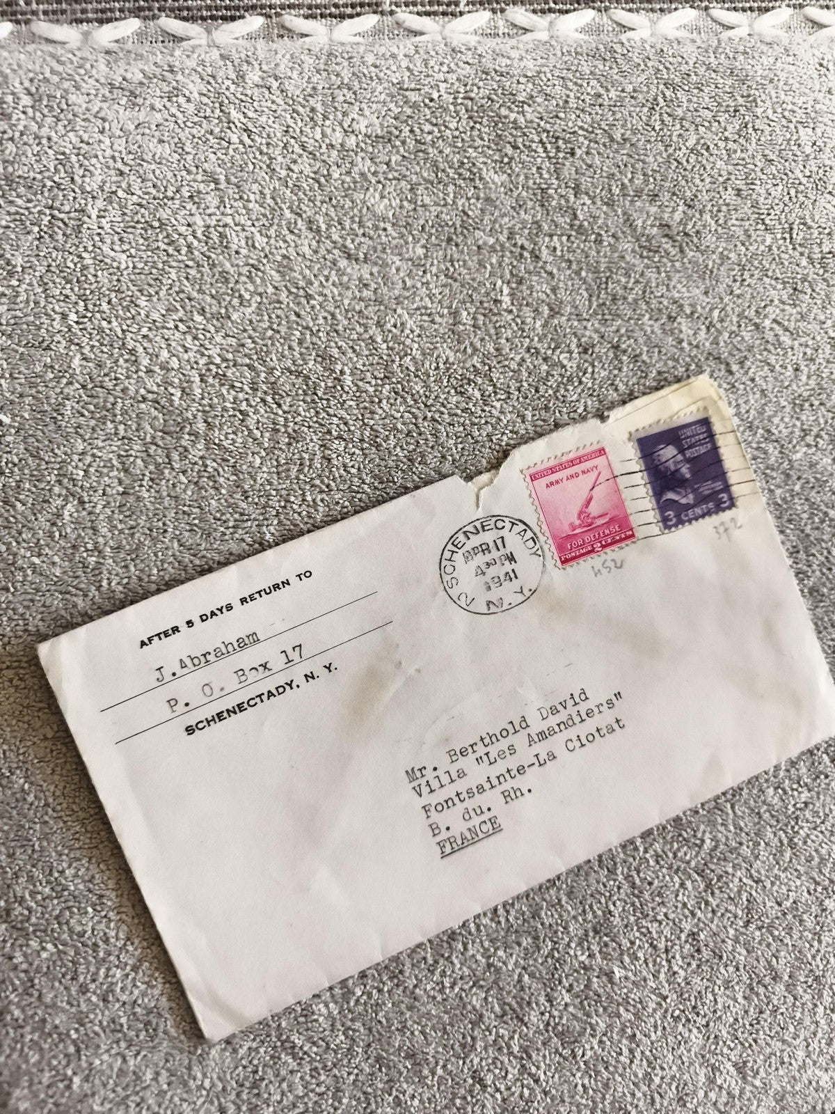 Lettre affranchie USA 1941 Schenectady timbres Army Navy 3c oblitérée France