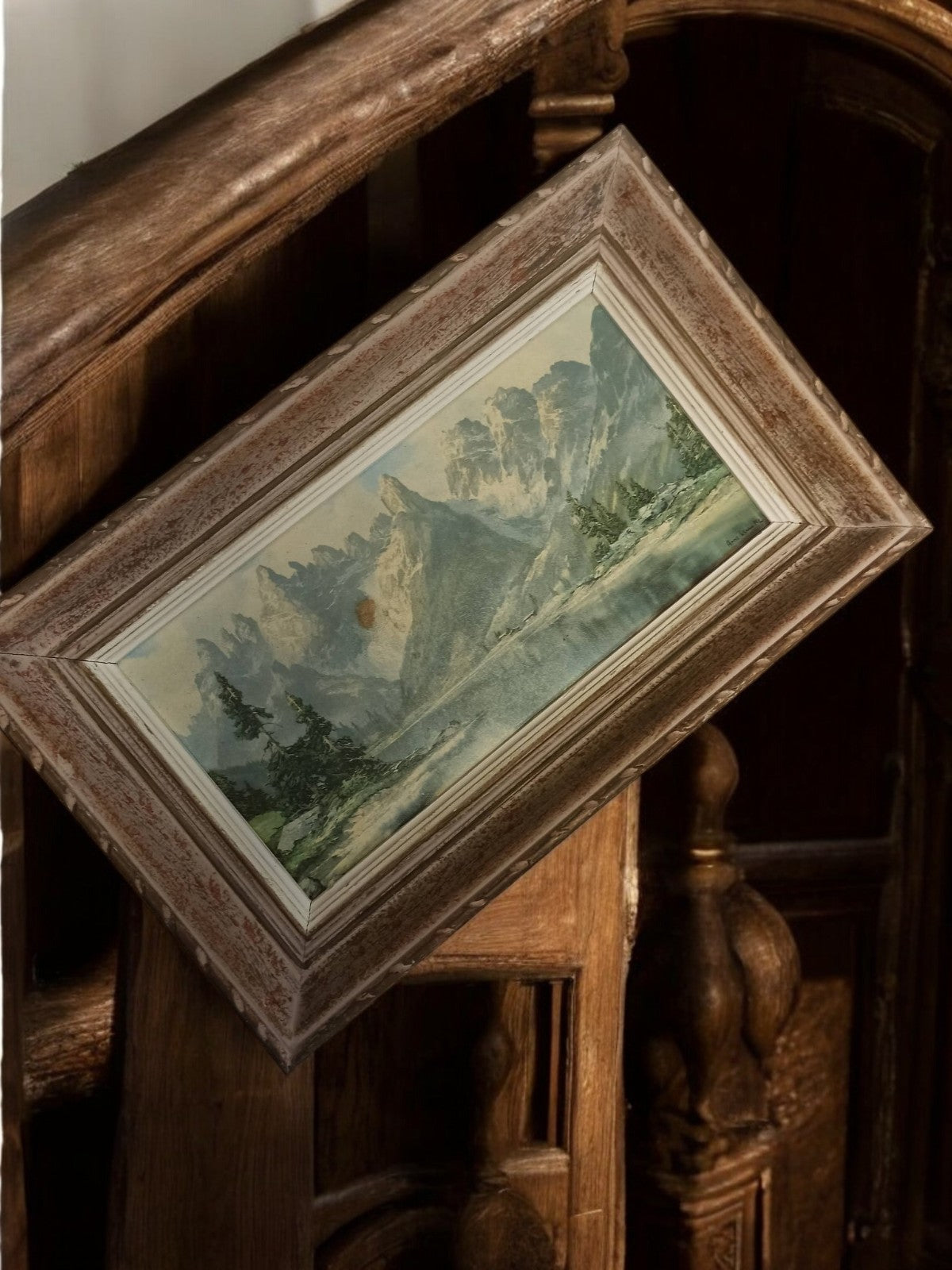Cadre ancien années 1950 paysage montagne style rustique peinture déco vintage