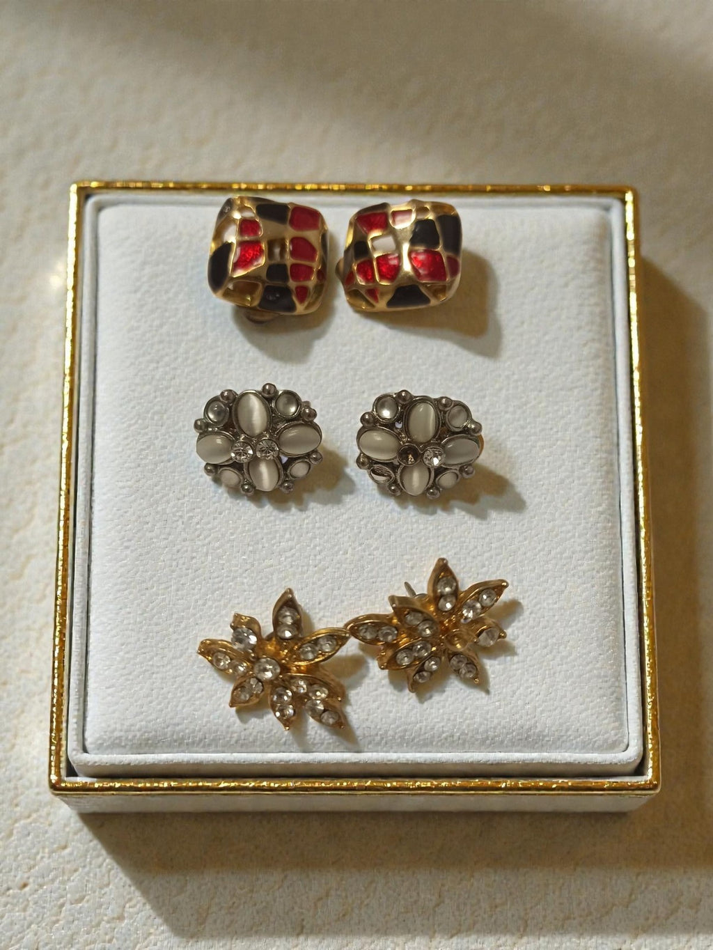 Lot 3 paires boucles d?oreilles vintage rétro doré email perles fantaisie ancien
