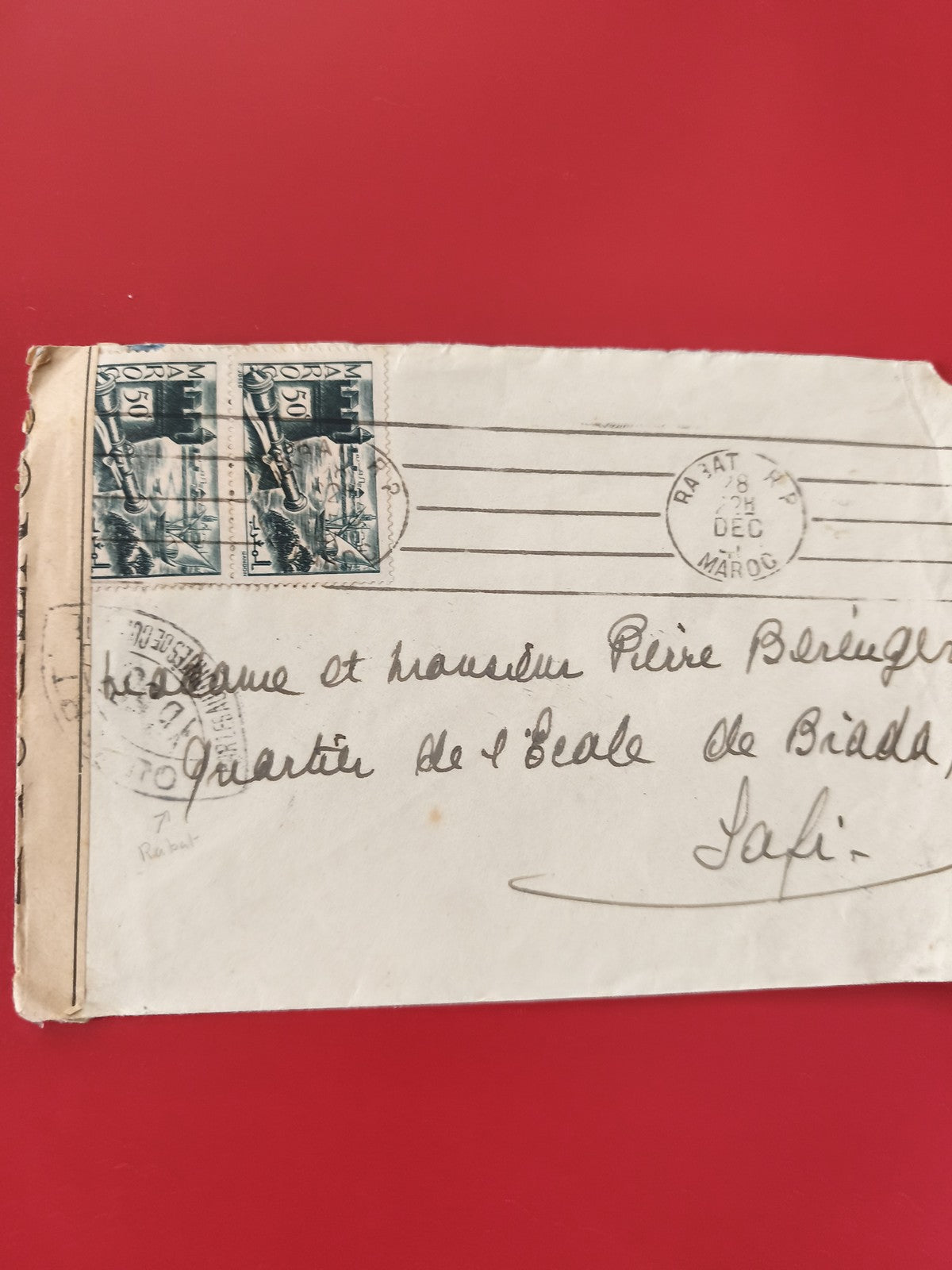 Enveloppe philatélie Maroc affranchie 2 timbres 50c cachets Rabat Safi