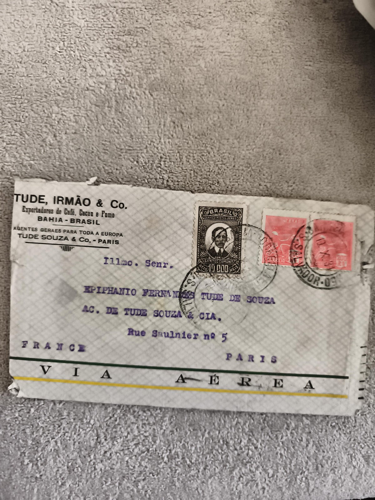 Lettre affranchie Brésil Paris 3 timbres cachetés Tude Irmão via aérienne philat